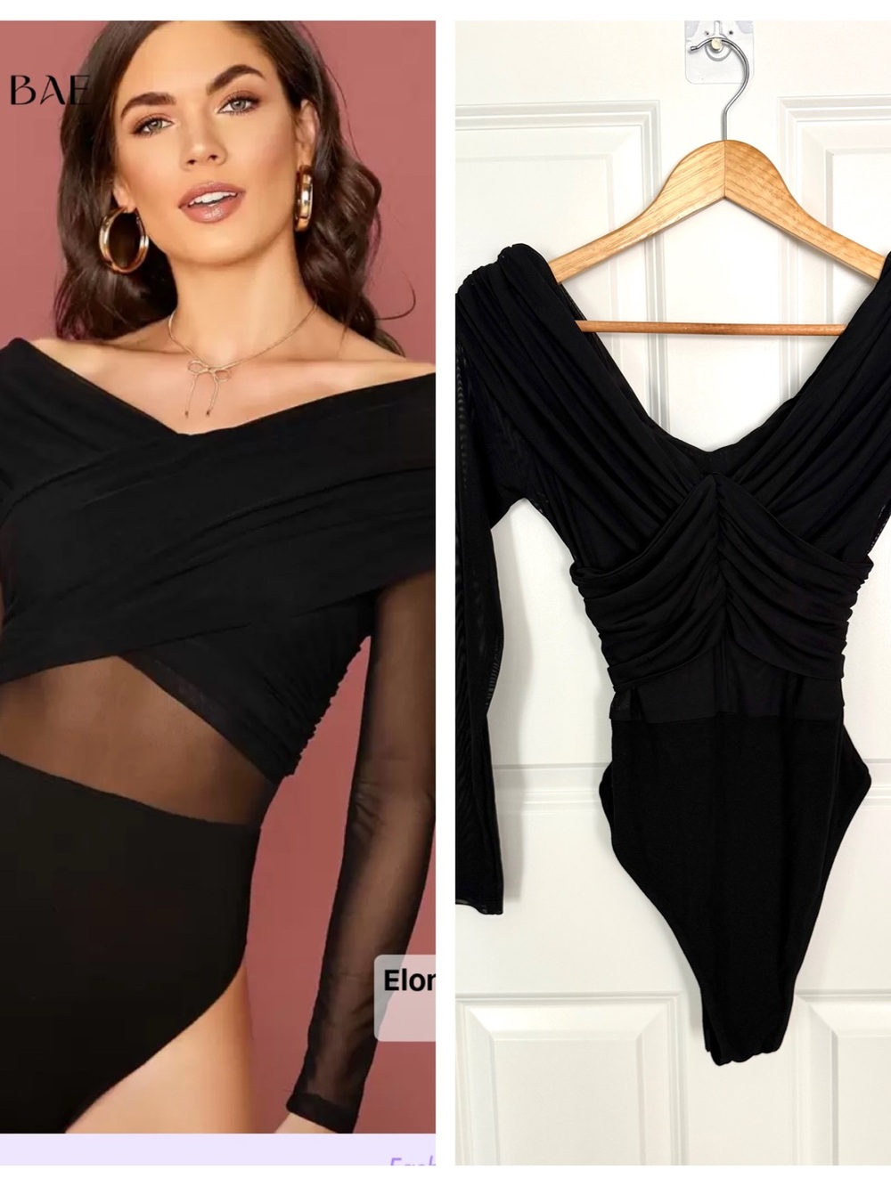 SHEIN Black Off-Shoulder Mesh Ruched Long-Sleeve Bodysuit Size Large V neck